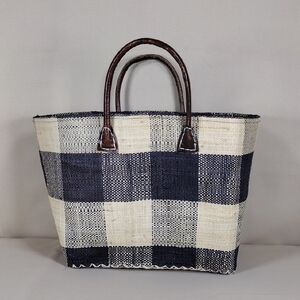 Onigo Natural Fibers Casual Stylish Black Cream Checkered Tote Basket Bag Purse